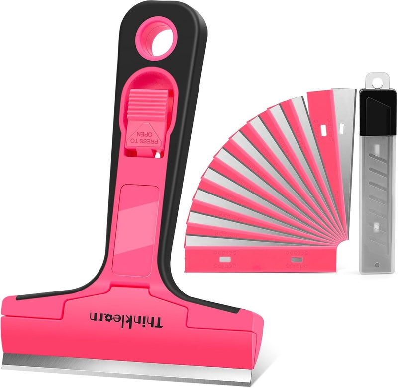 ThinkLearn Razor Blade Scraper Tool, 4" Razor Scraper with 20Pcs Replacement Blades, Pink Glass Scraper for Removing Decals, Tint, Stickers, Labels, Caulk, Adhesive from Window, Oven, Stove Top - Image 1